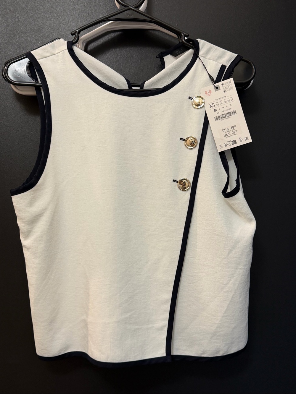 Zara White Sleeveless Tank with Black Trim and Gold Buttons